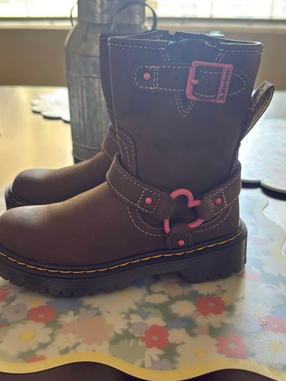 Dr. Martens Kids Brown Leather Boots with Pink Hardware